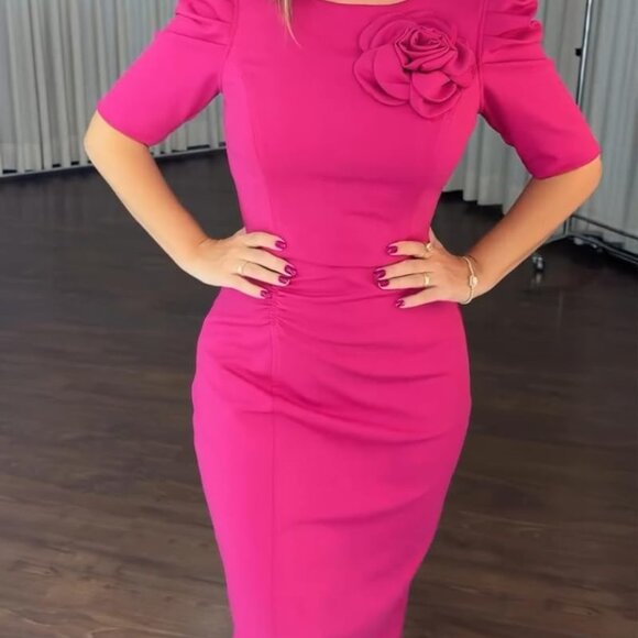 Women's Bodycon Midi Dress Polyster Elastane Puff Sleeve Ruched Work - Picture 6 of 6